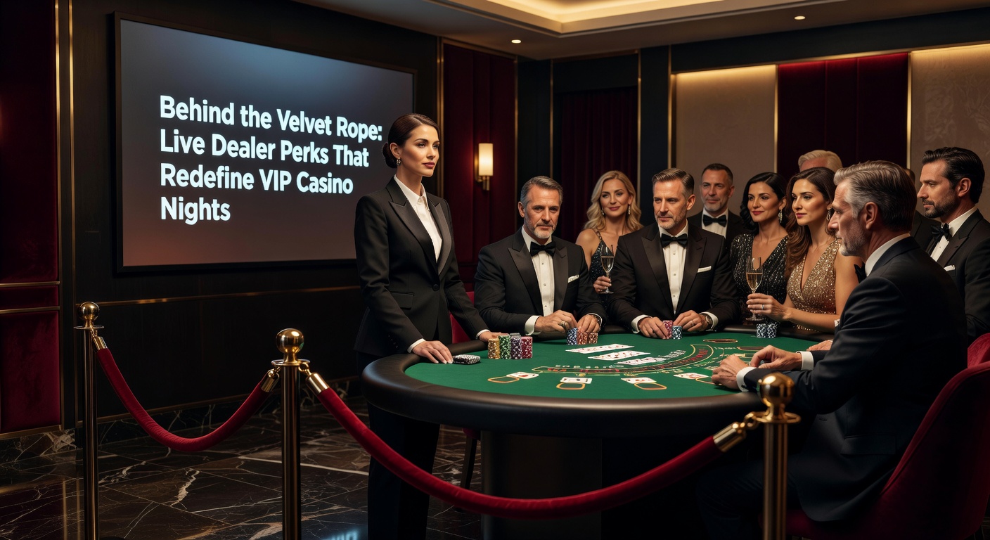 VIP-Spieler am Live-Dealer-Tisch mit Host im Hintergrund, Champagnergläser und hohe Chips-Stapel auf dem Tisch
