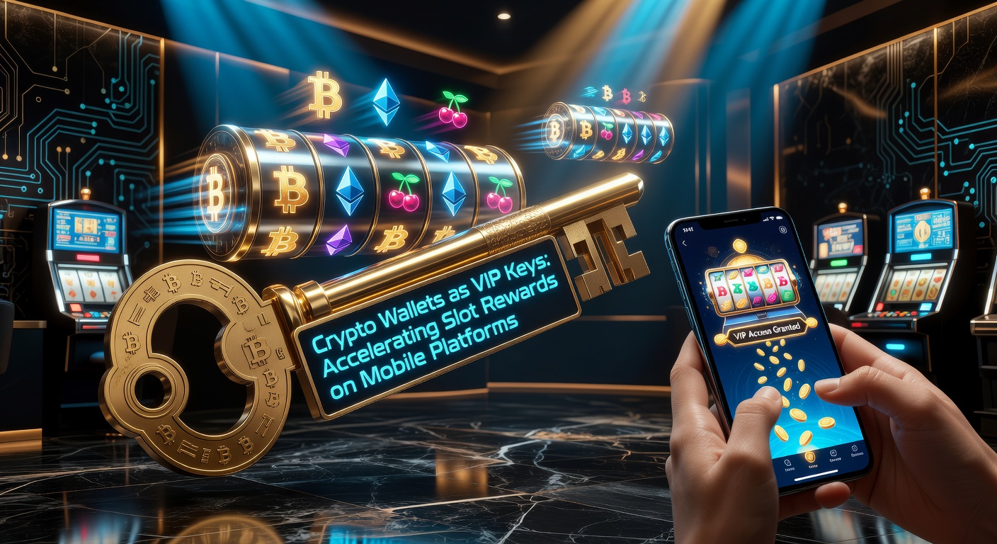 Darstellung einer Crypto-Wallet als digitaler VIP-Schlüssel, der Slot-Maschinen auf einem Smartphone freischaltet und Belohnungen beschleunigt
