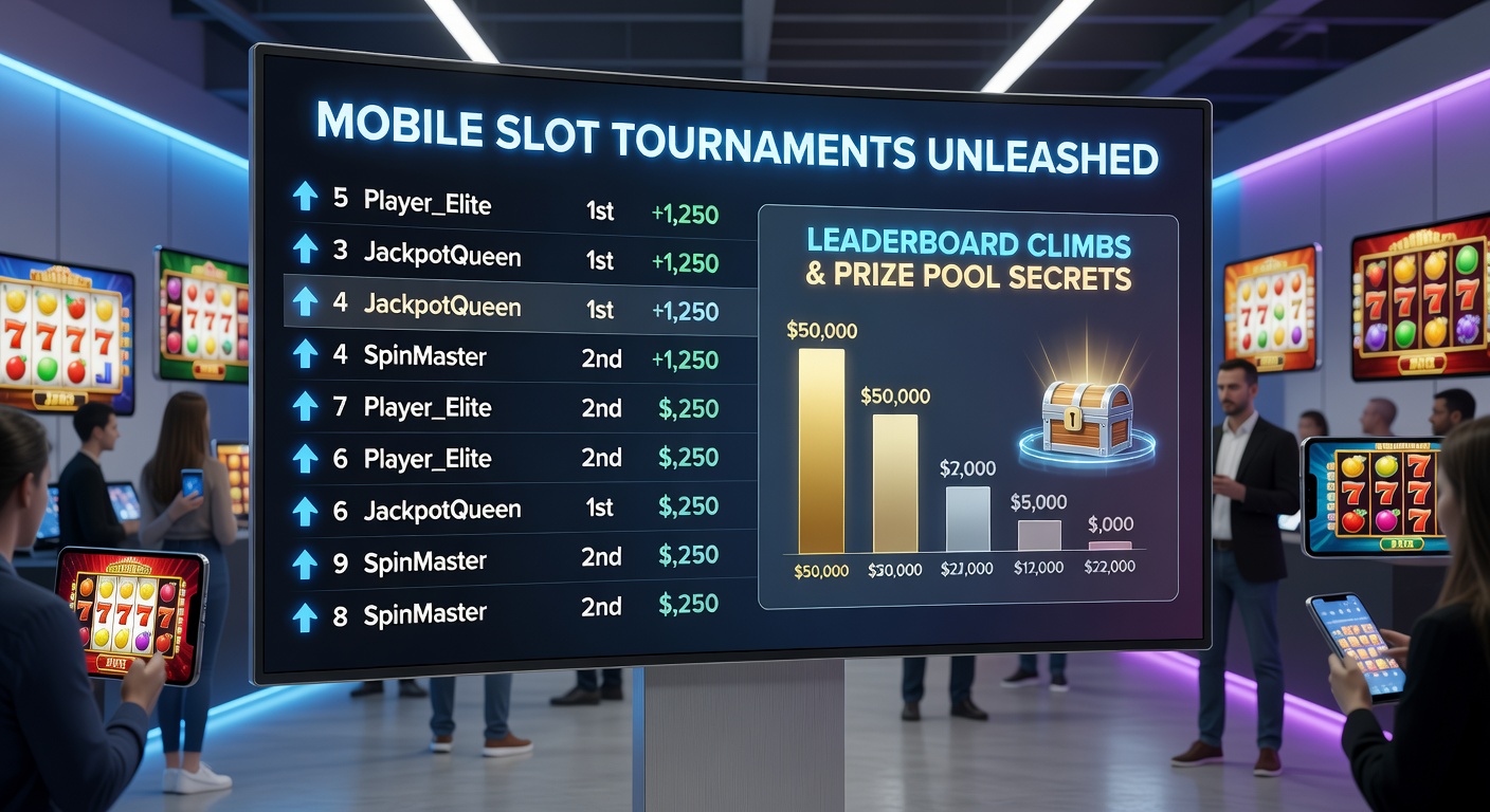 Smartphone mit leuchtendem Slot-Turnier-Leaderboard und Preispool-Anzeige auf einem dynamischen Casino-Hintergrund